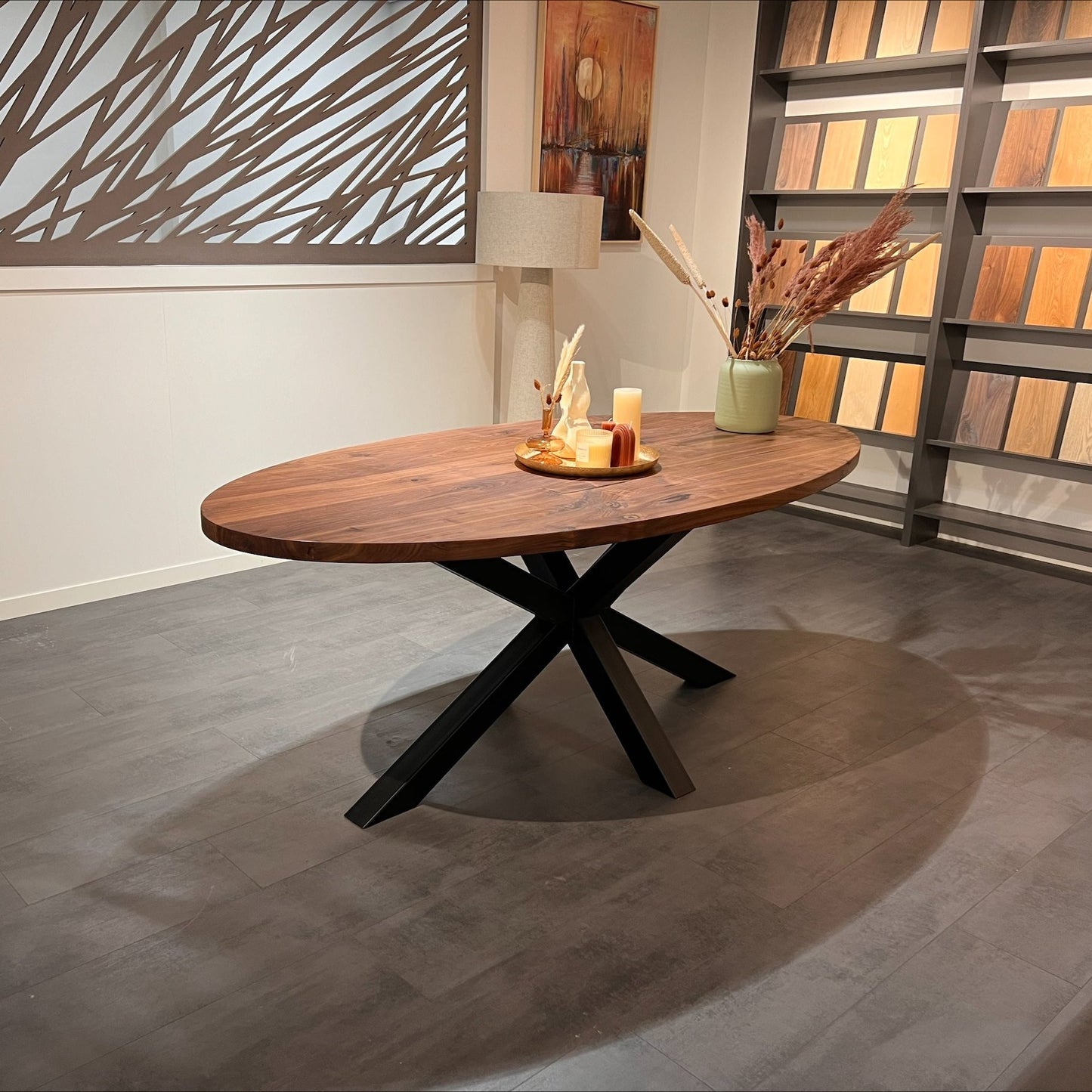 Ovale Tafel van Massief Amerikaans Notenhout met Stalen Matrix Poot - 210x100x4 cm